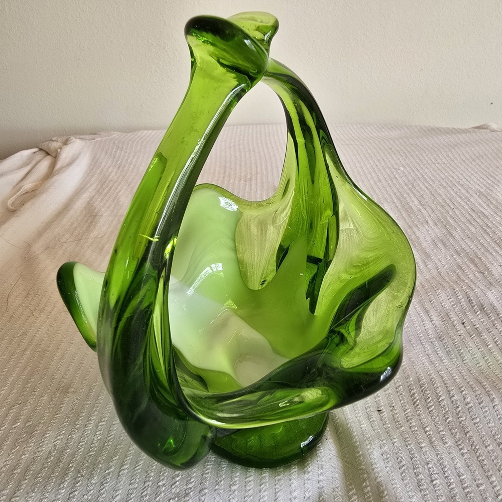 MCM 1960 Emerald Green and White Handblown Glass Basket Candy Dish Bohemian Form